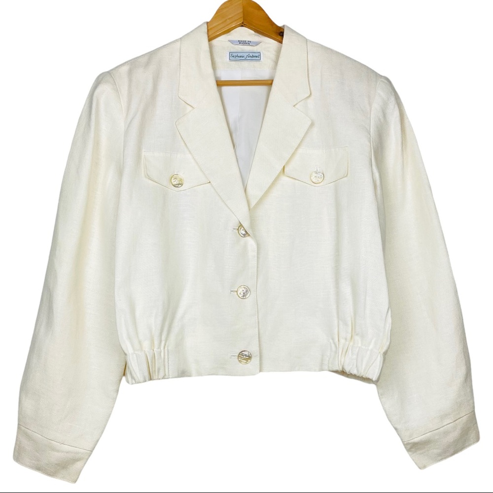 COPY - Vintage Stephanie Andrews Cropped Linen Blazer Bomber Jacket Shoulder Pa…